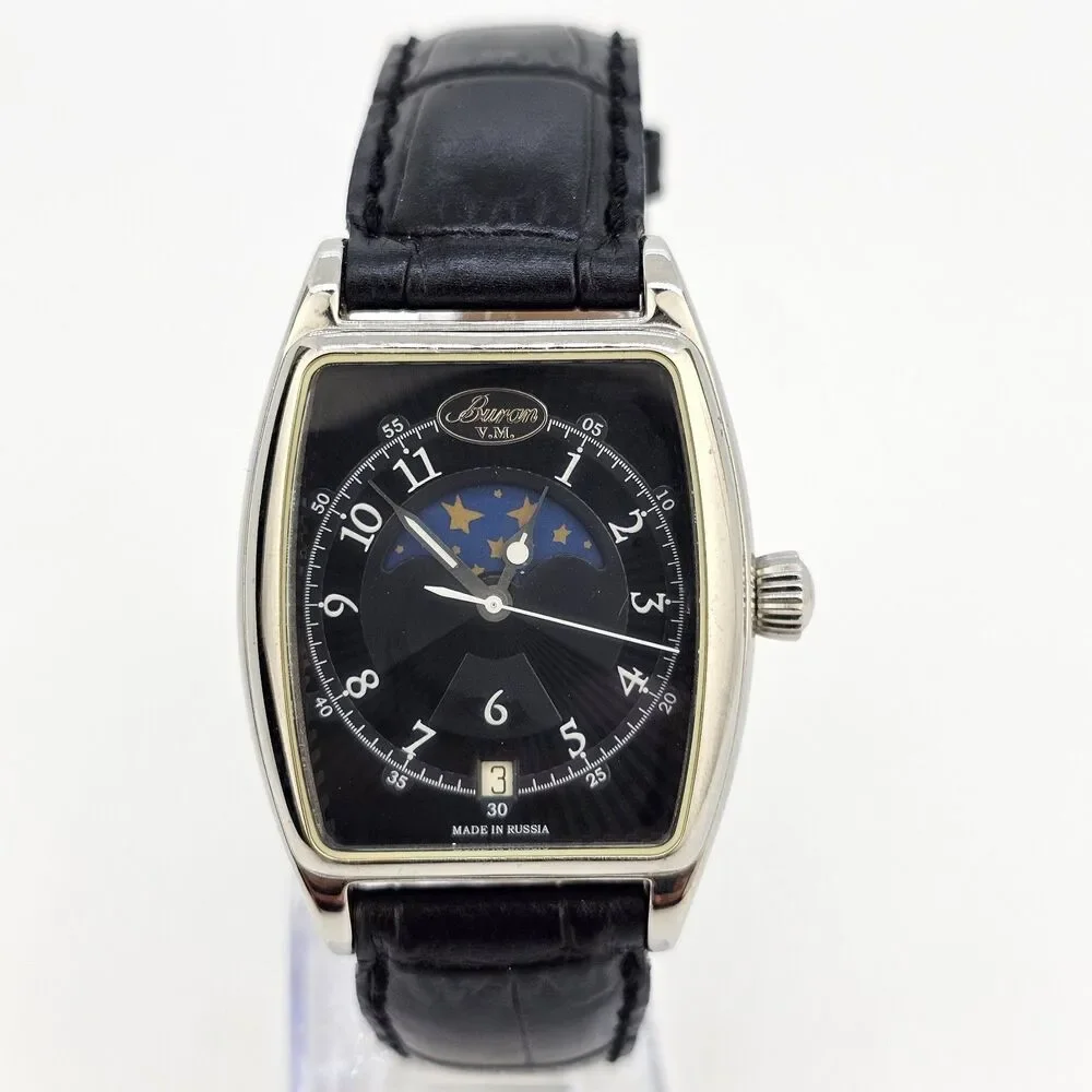 Buran Moonphase‎ Mechanical Watch 34MM Black Dial Leather Bands Limited Edition